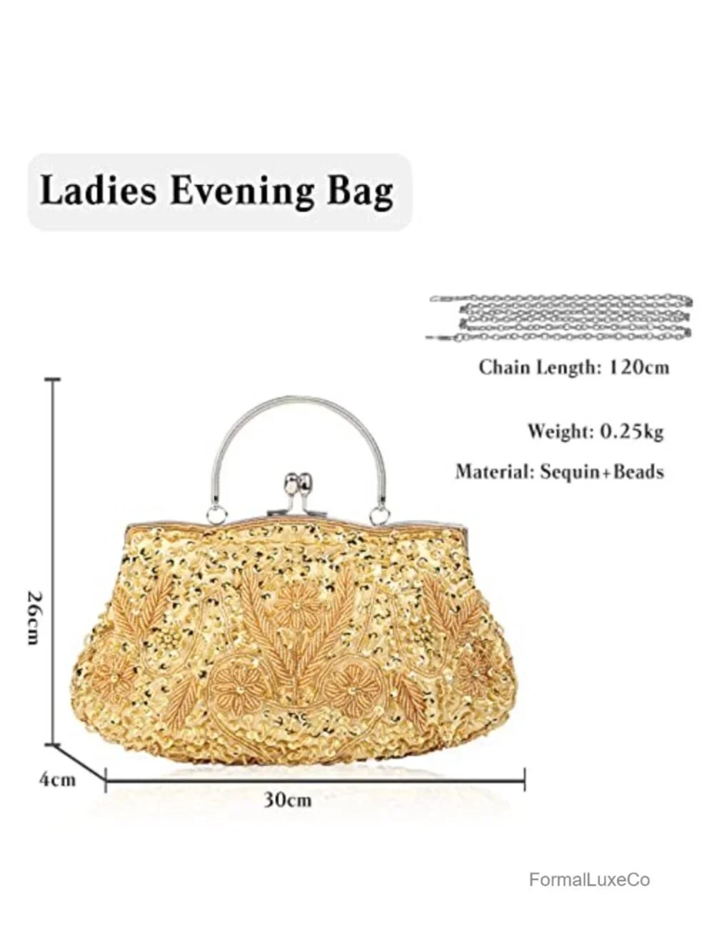 Vintage Sequin Beaded Evening Clutch Bag with Chain Bridal Purse